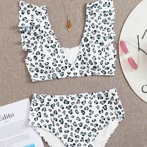 NWOT SHEIN Leopard Ruffle High Waisted Bikini Swimsuit